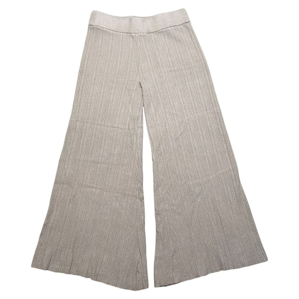 House of Harlowe 1960 Beige Ribbed Stretchy Flowy Cropped Wide Leg Pants, Medium